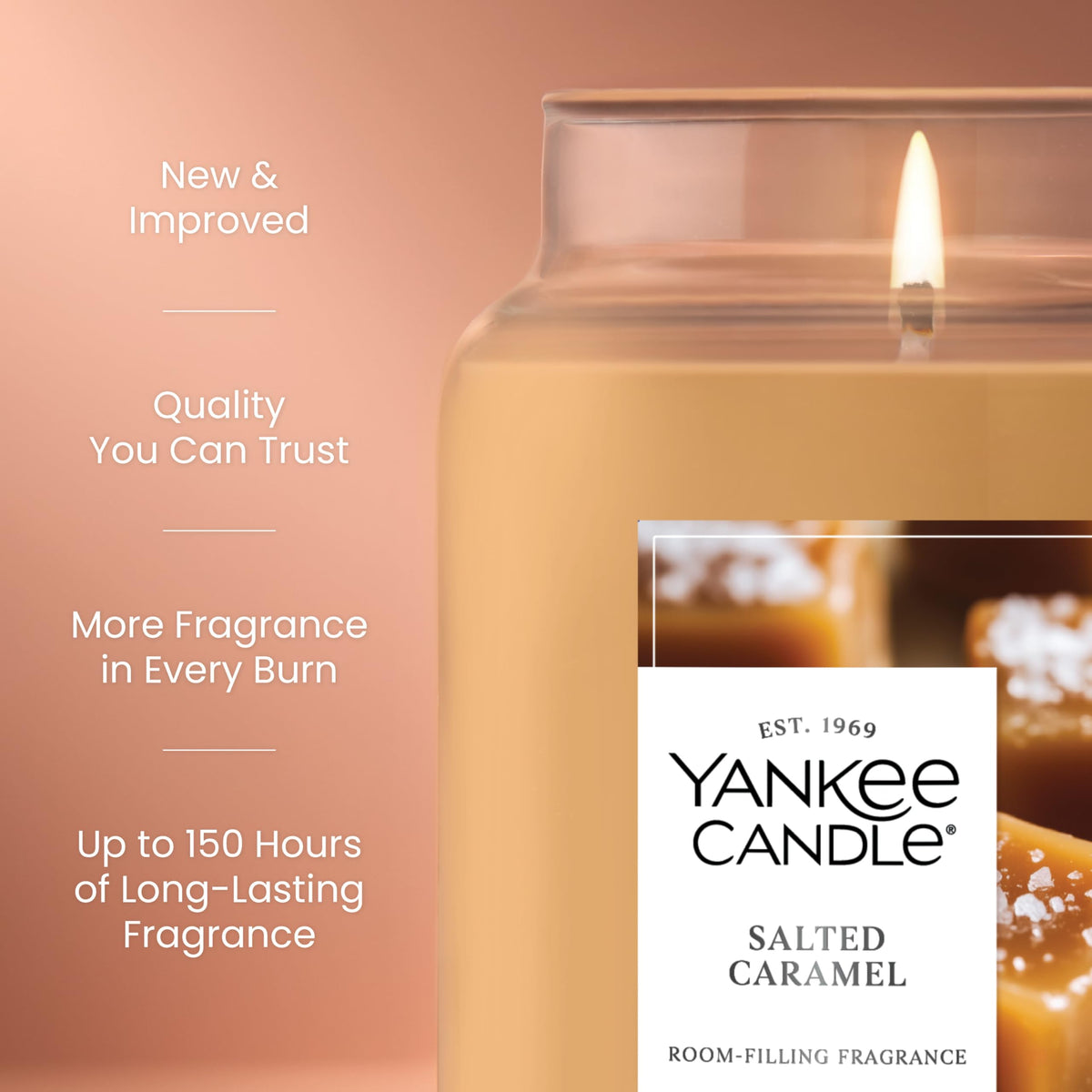 Yankee Candle Salted Caramel label and wick, premium craft.