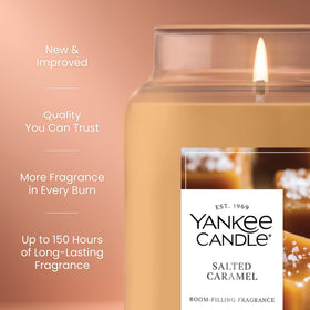 Yankee Candle Salted Caramel label and wick, premium craft.