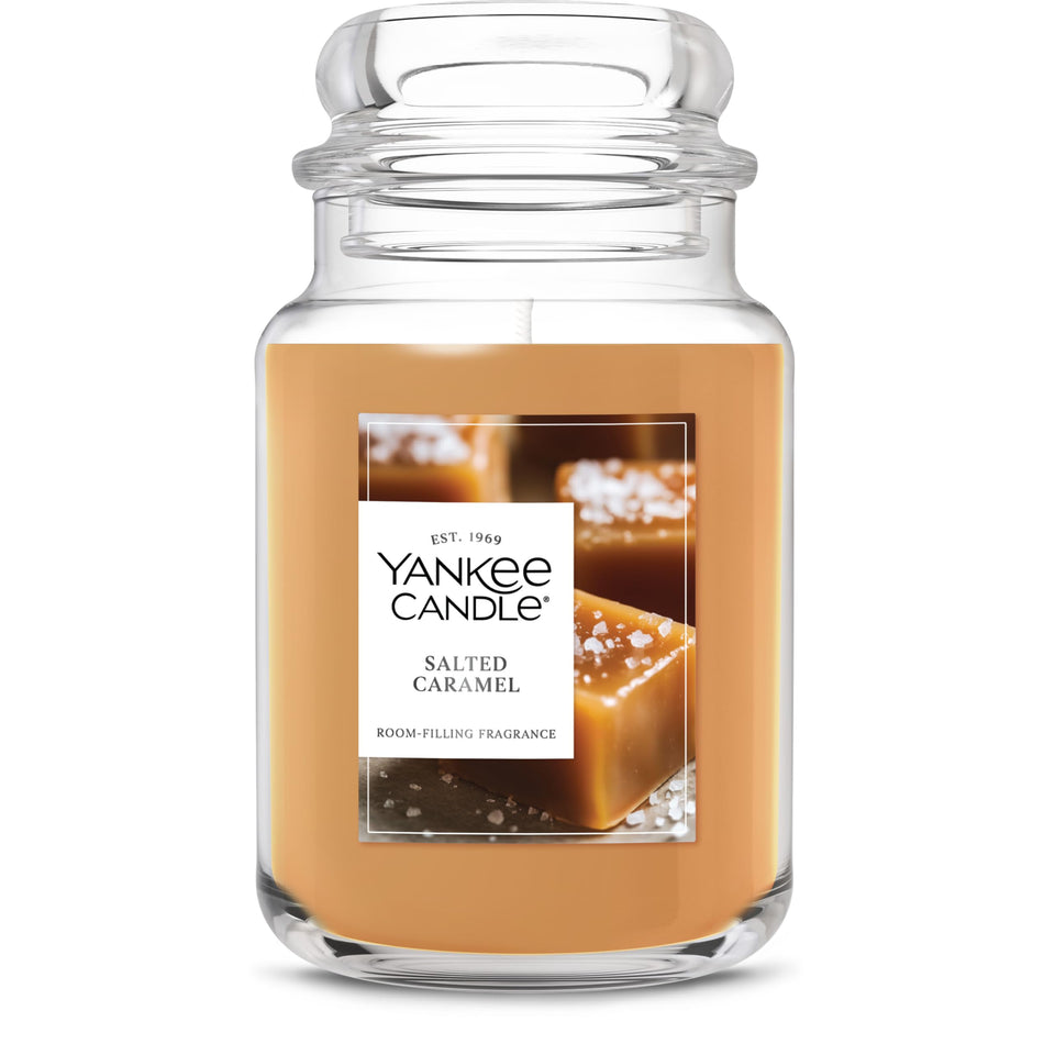 Yankee Candle Salted Caramel large jar front view, ideal for gifting.