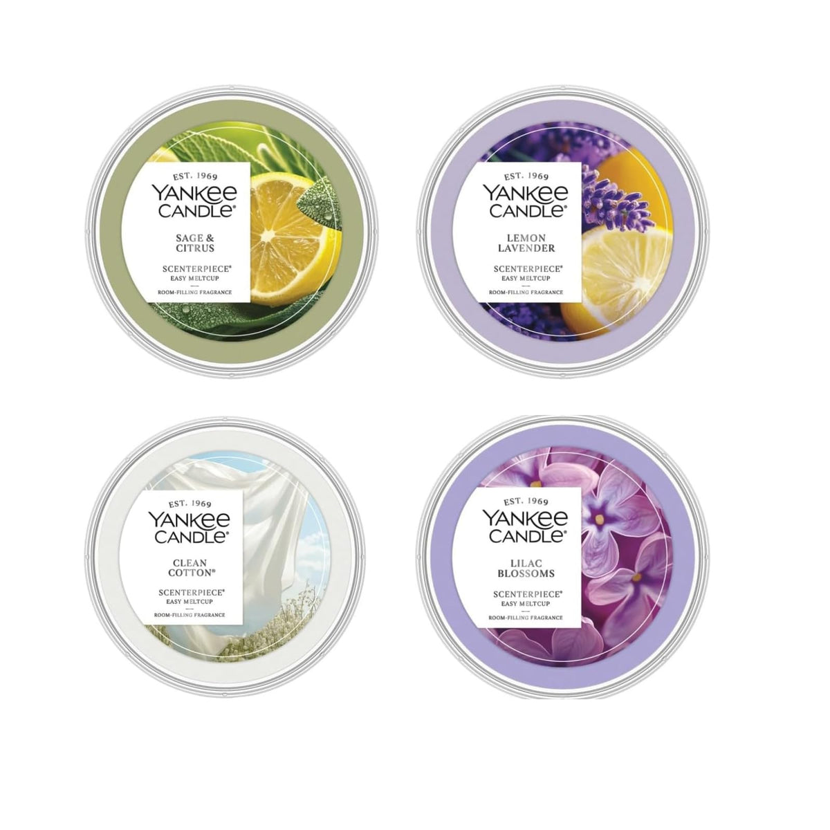 Yankee Candle Scenterpiece MeltCup Clean Cotton refill close-up packaging showing easy scent swaps