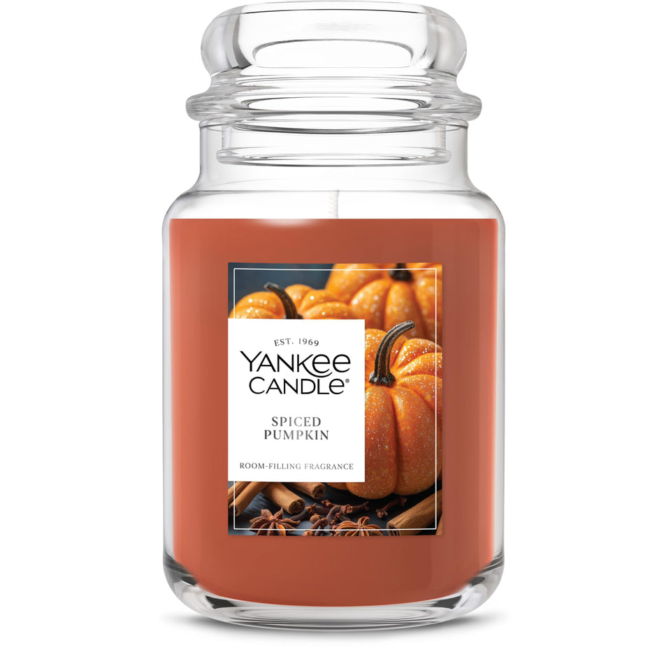 Yankee Candle Spiced Pumpkin jar front view for autumn aroma longevity