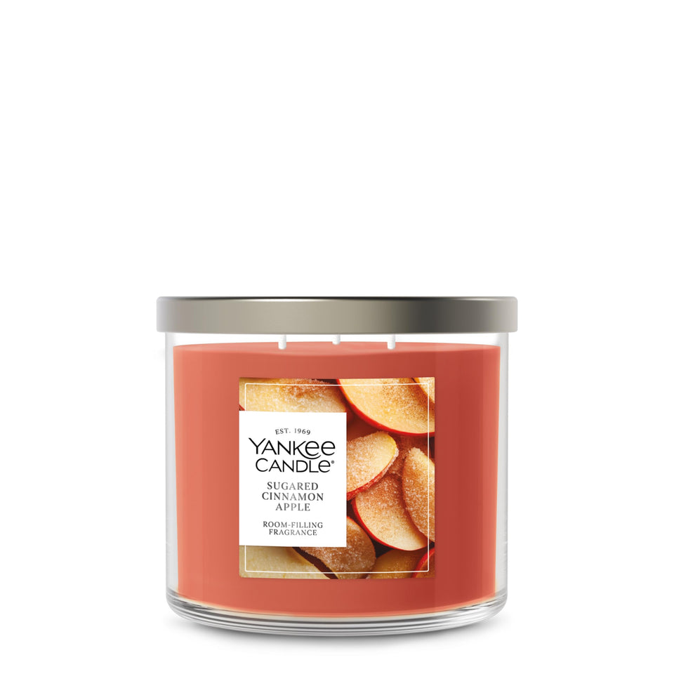 Yankee Candle Sugared Cinnamon Apple jar with 3 wicks delivering room-filling fragrance.