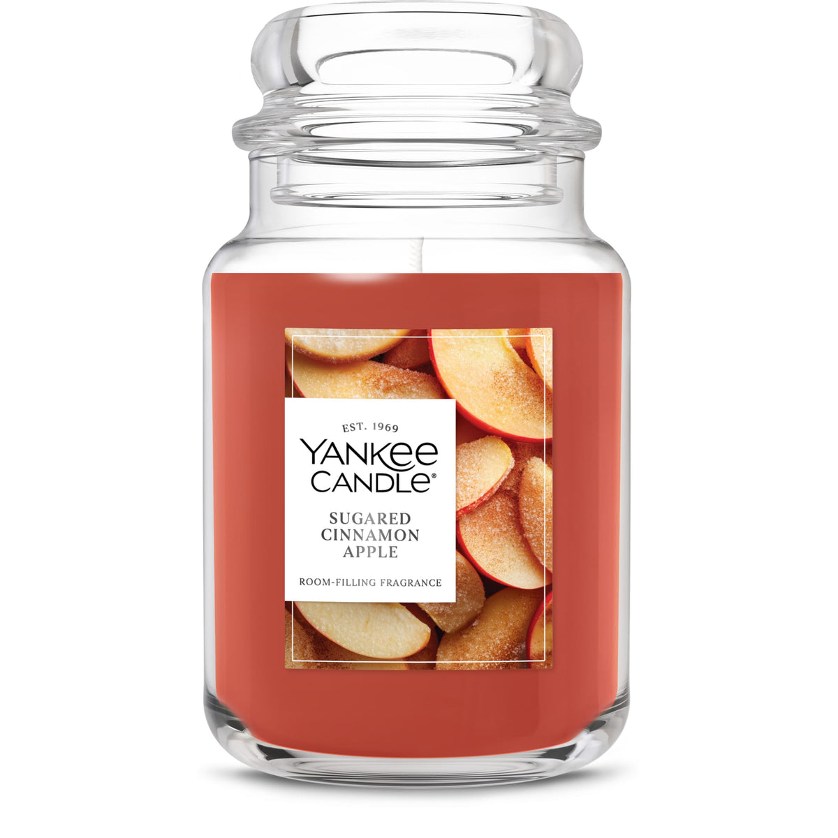Yankee Candle Sugared Cinnamon Apple jar closeup for cozy autumn fragrance.
