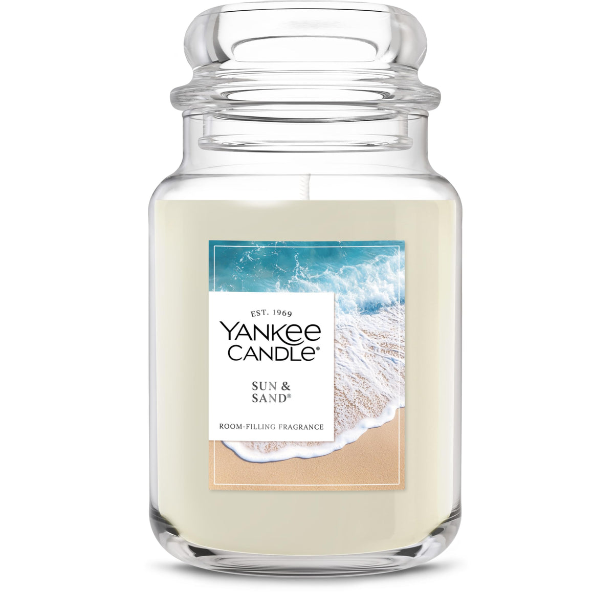 Yankee Candle Sun and Sand in a jar with tropical notes for a welcoming room aroma.