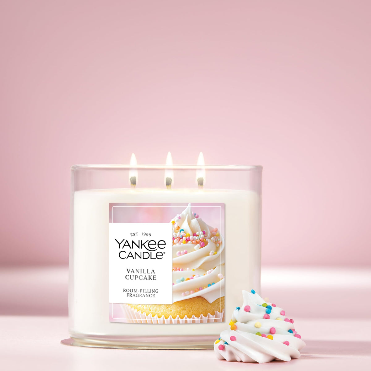 Yankee Candle Vanilla Cupcake jar with decorative lid protecting wax between burns.