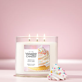 Yankee Candle Vanilla Cupcake jar with decorative lid protecting wax between burns.