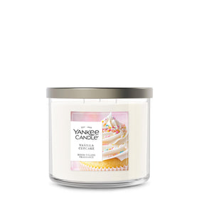 Yankee Candle Vanilla Cupcake jar top view shows triple-wick setup for even fragrance spread.