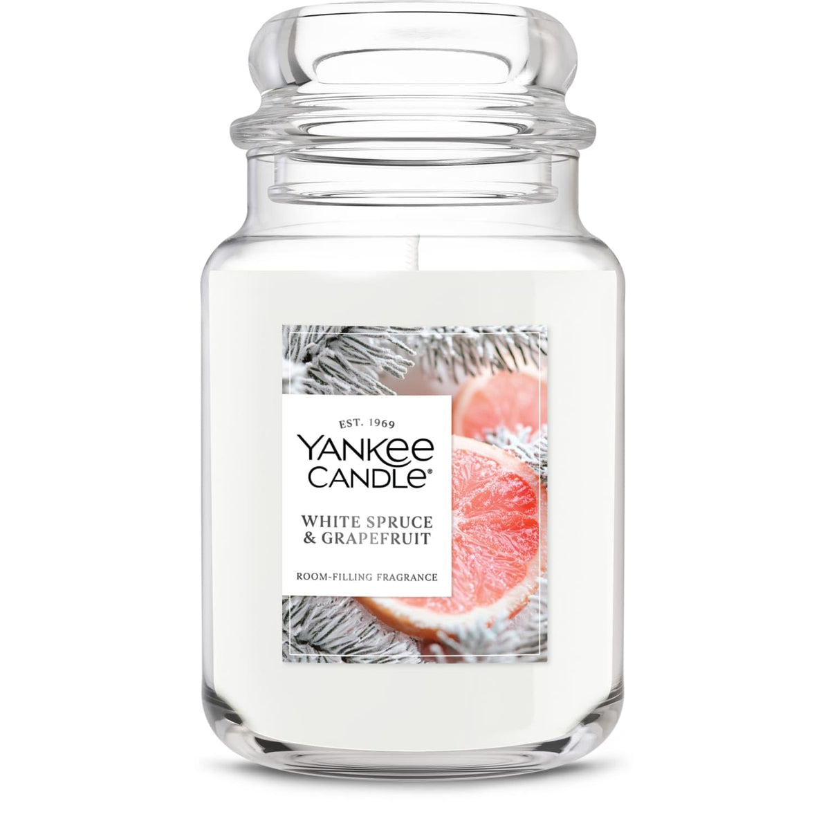 Yankee Candle White Spruce & Grapefruit 22oz jar top view with room-filling fragrance.