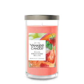 Yankee Candle White Strawberry Bellini pillar closeup highlighting premium wax and wick