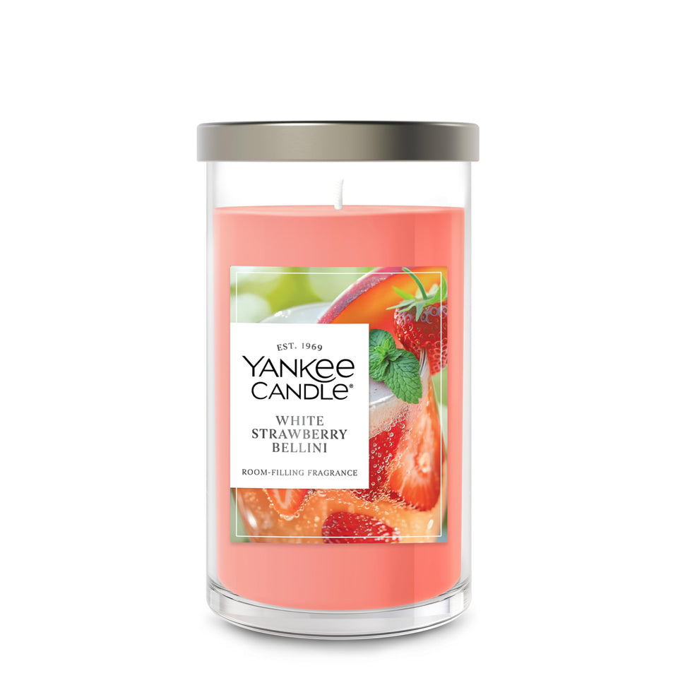 Yankee Candle White Strawberry Bellini pillar closeup highlighting premium wax and wick