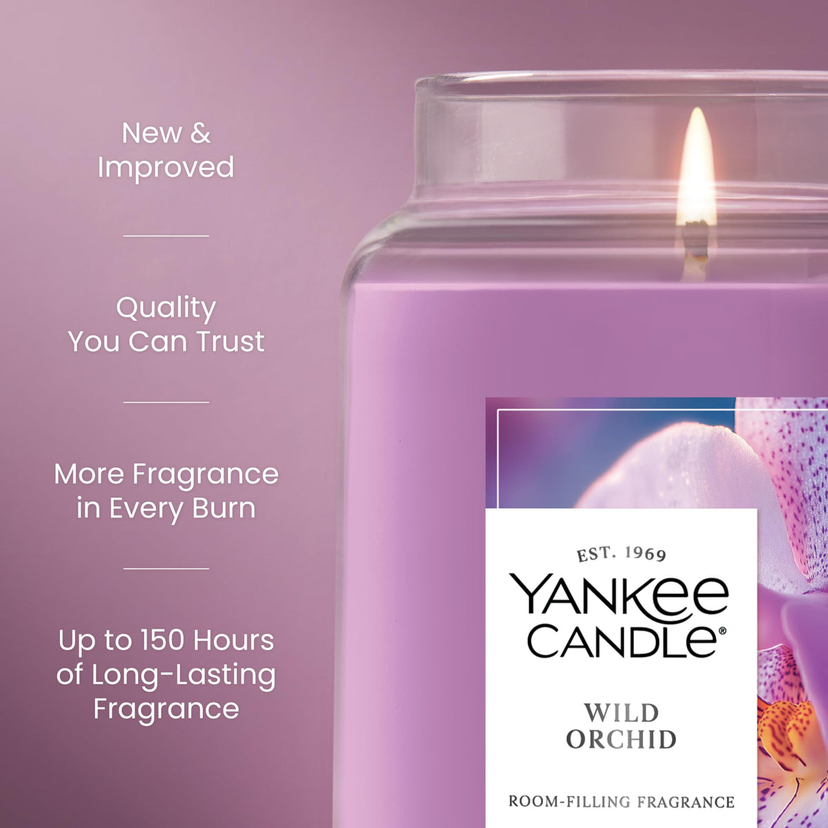 Yankee Candle Wild Orchid premium wax and natural-fiber wick ensure steady scent throw.