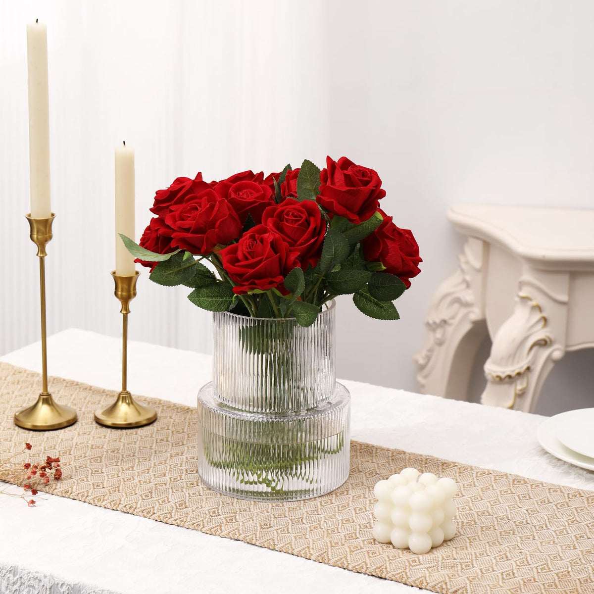 Entryway display featuring the YANWE1 ribbed vase.