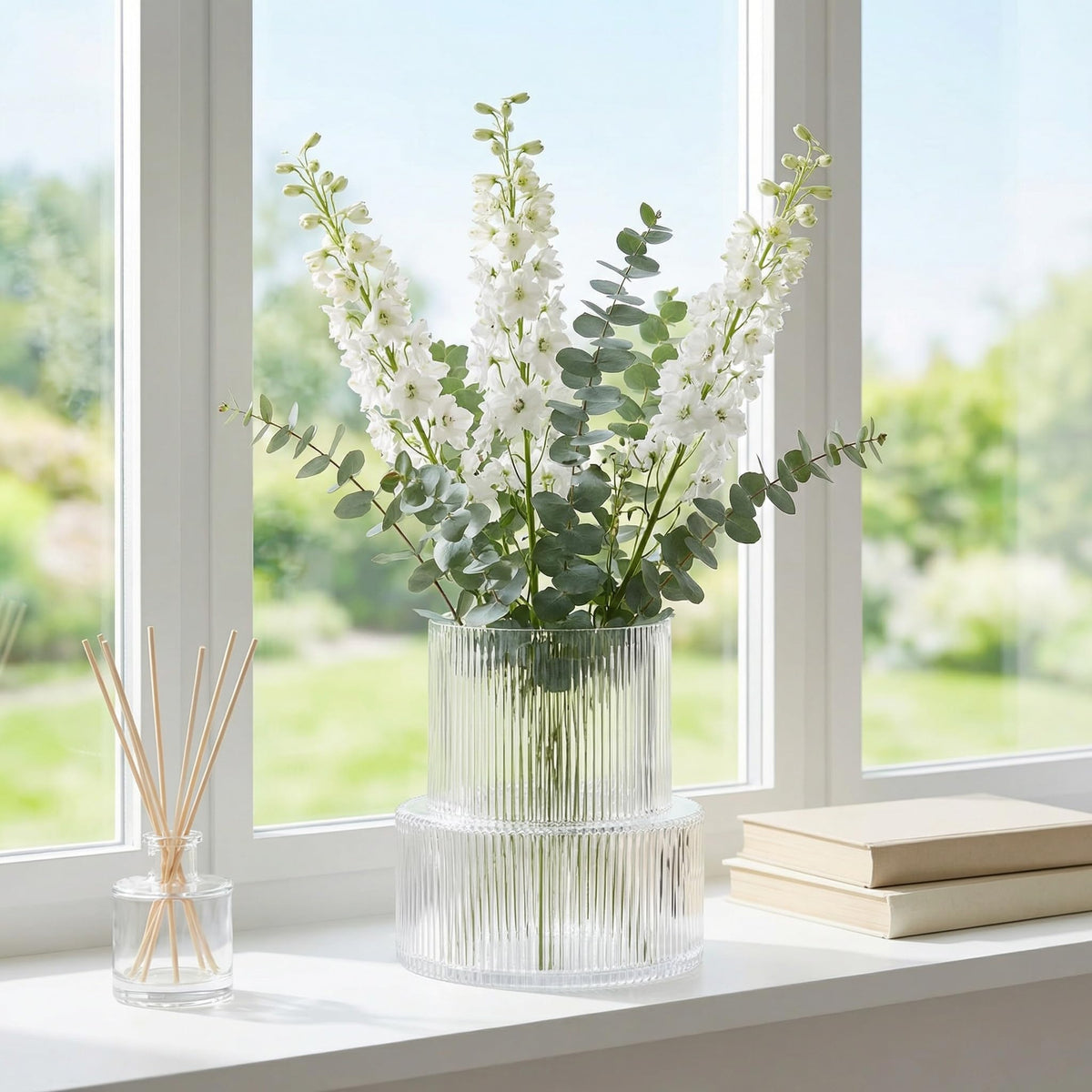 Office desk accented by the YANWE1 ribbed vase.