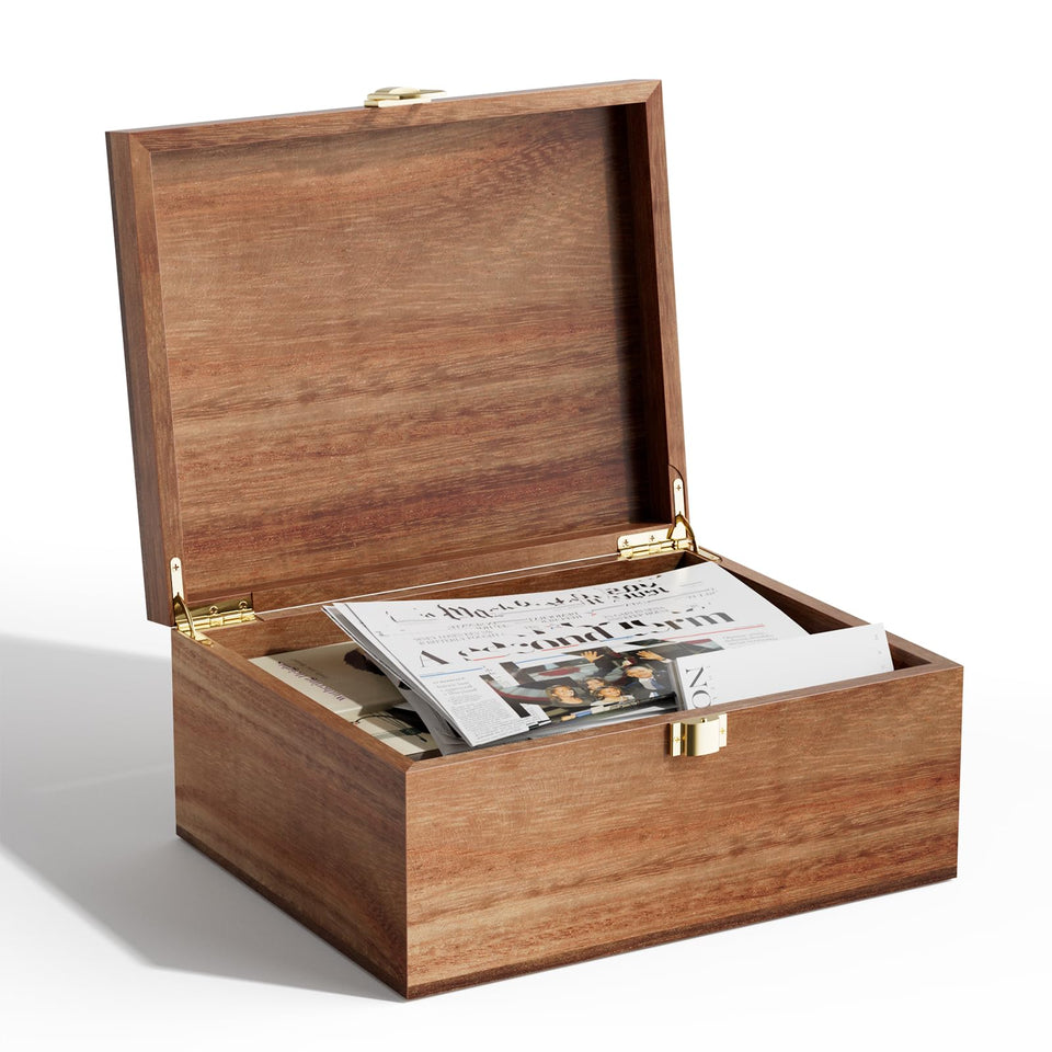 Yaoyiizy acacia keepsake box with hinged lid showing natural grain for heirloom storage.