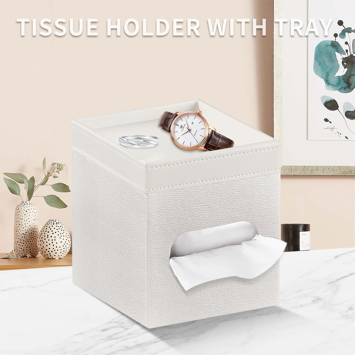 YAPISHI tissue box cover with valet tray provides convenient space for small essentials.