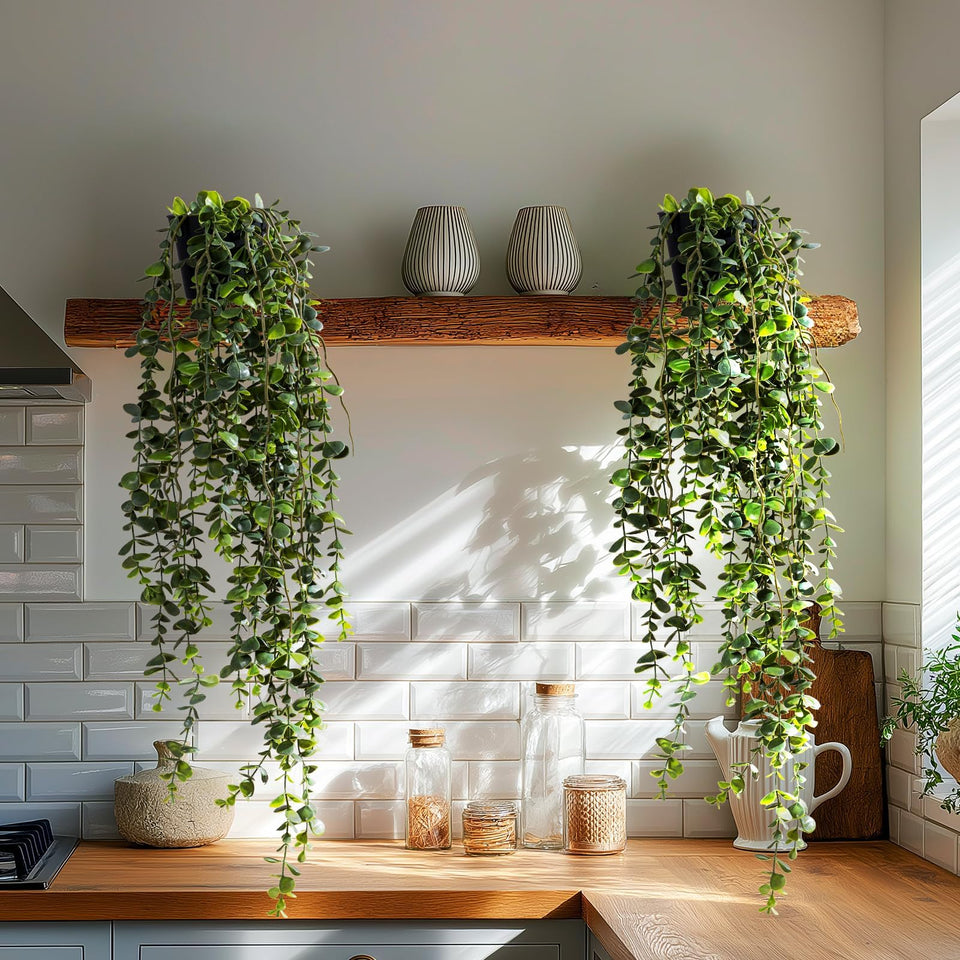 Yarmare artificial hanging plant two-pack with black pots for versatile décor.