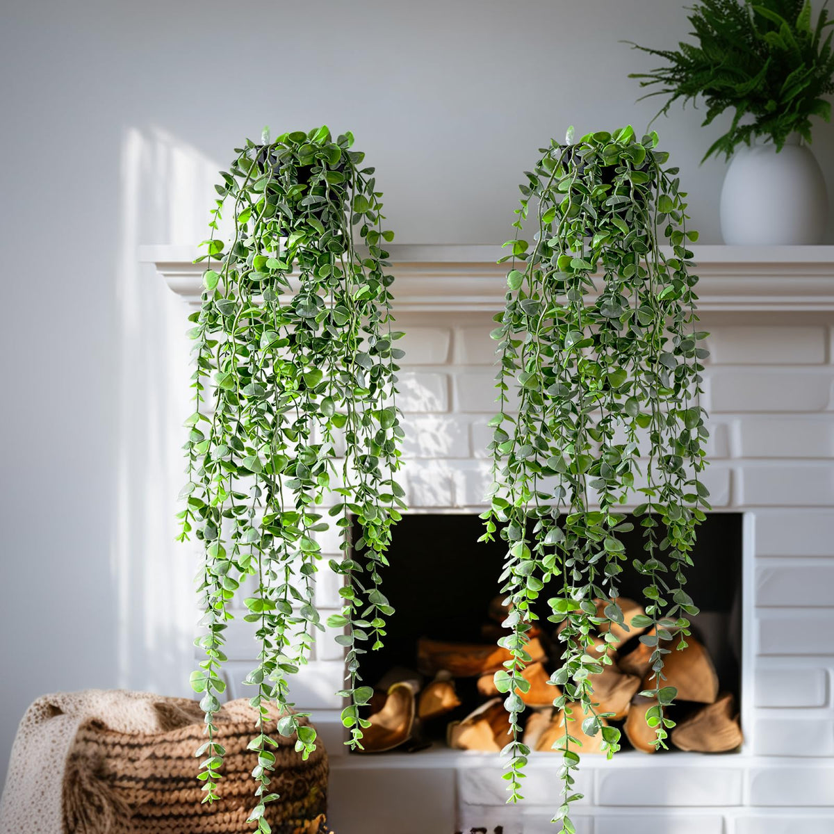 Yarmare artificial hanging plant duo in black pots adds year-round greenery.