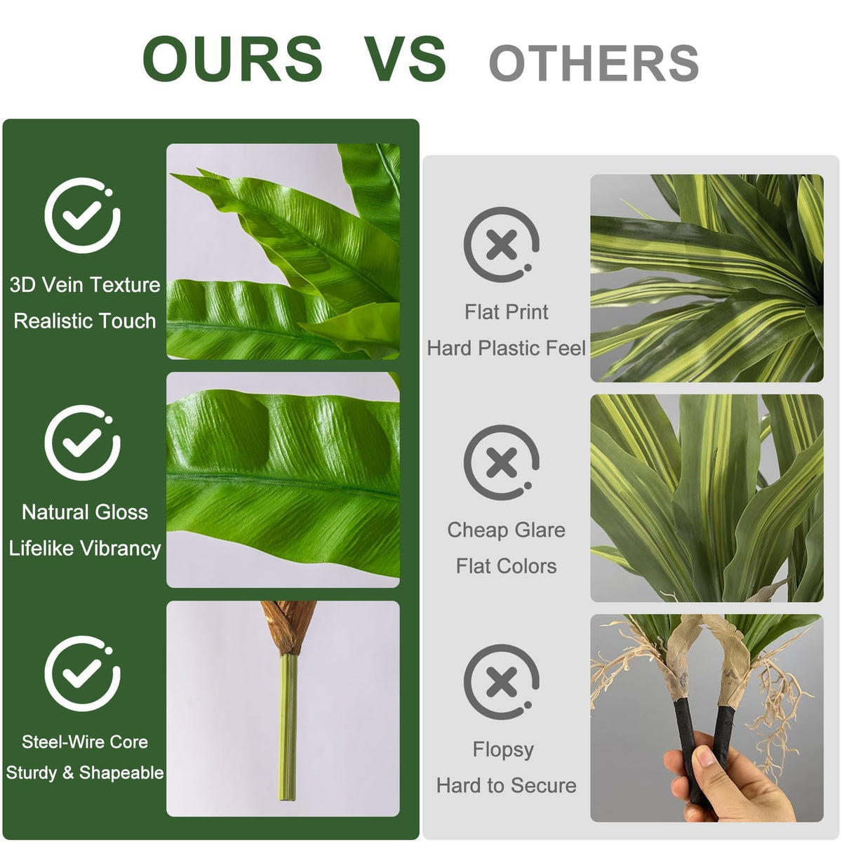 Yarmare bird nest fern stem detail adds realistic texture to shelves.