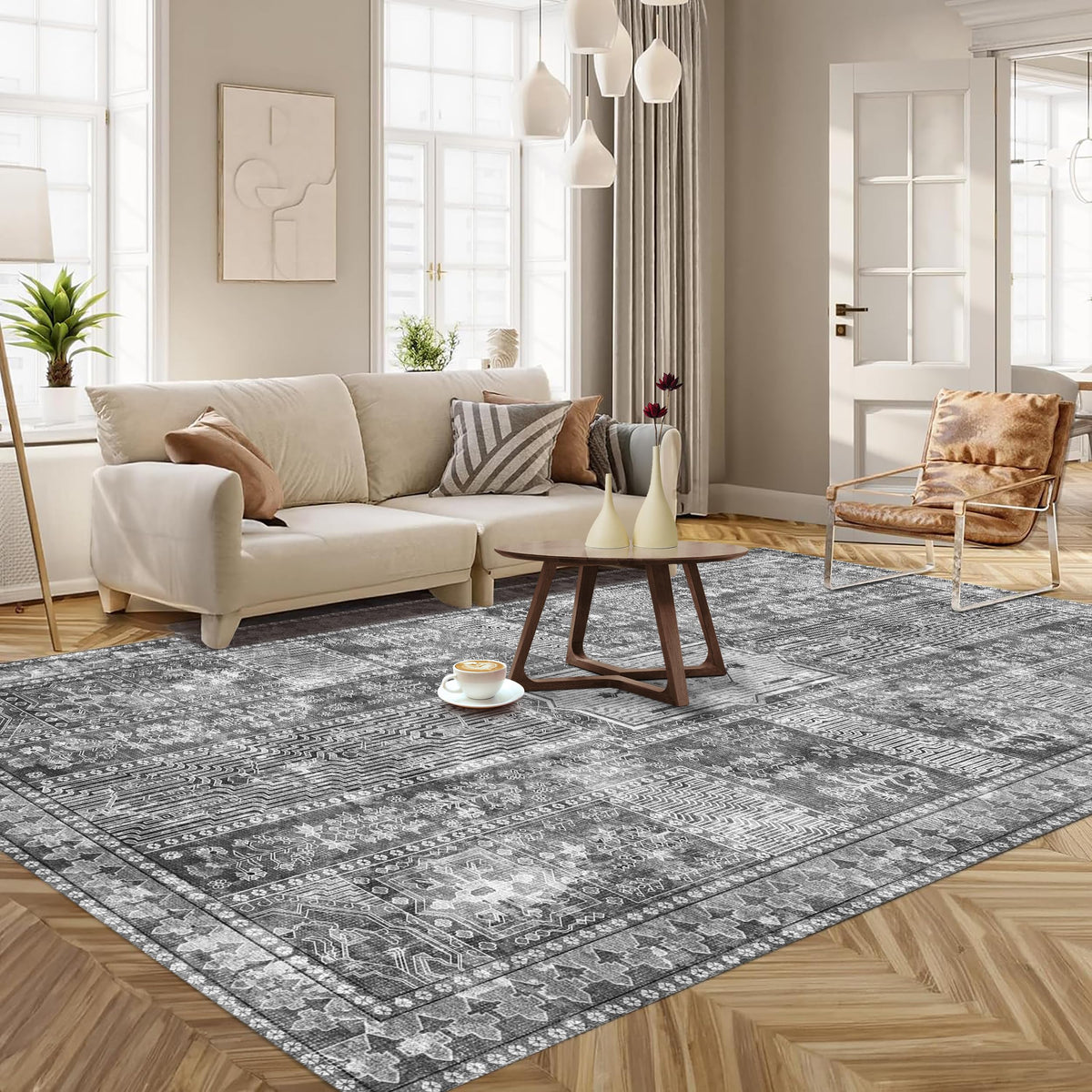 YARNSCAPE Vintage 6-by-9 rug in living room layout highlights warm retro tones.