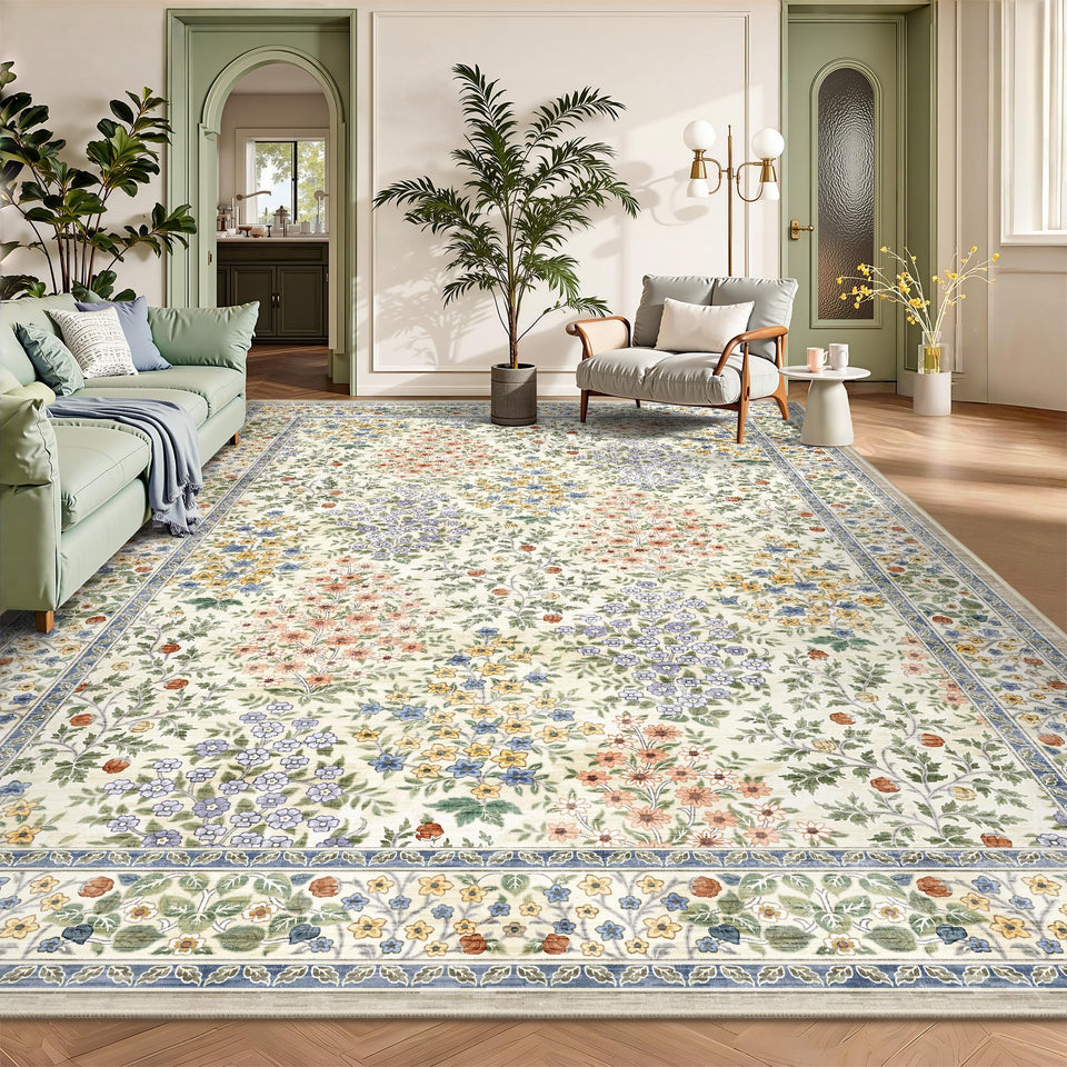Yarooge 8x10 beige floral area rug with a low-pile feel for living rooms.