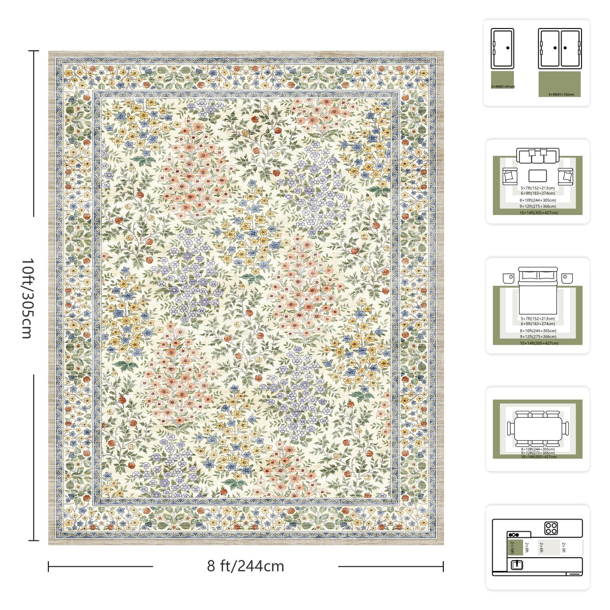 Yarooge beige floral rug complements dining spaces with easy chair movement.