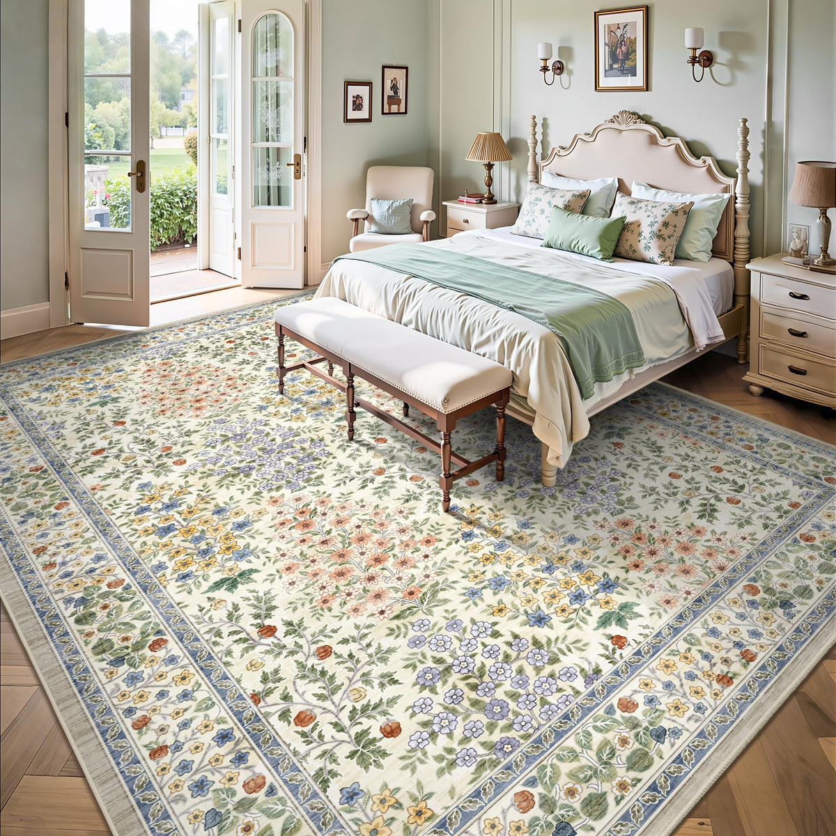 Yarooge low-pile beige floral rug offers smooth door clearance and easy movement.