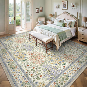 Yarooge low-pile beige floral rug offers smooth door clearance and easy movement.