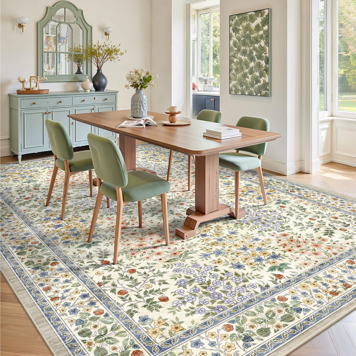 Yarooge non-slip backing beige floral rug keeps floors secure during playtime.