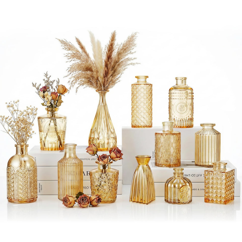 yasali 12-piece clear bud vases set with gold accent for rustic wedding centerpieces