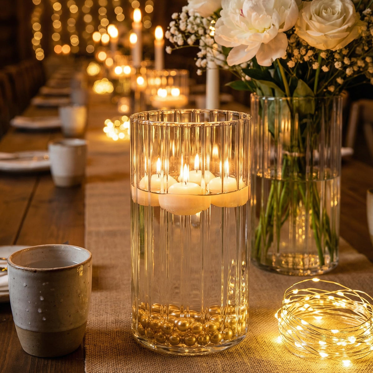 Yasali stripe cylinder vase 6in floating candle setup adds ambient table glow.