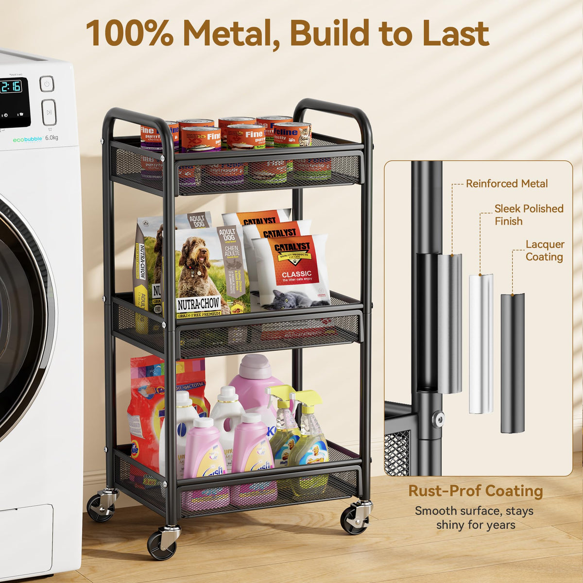 YASONIC rolling cart baskets highlight spacious storage for kitchen, craft, or bedside organization.