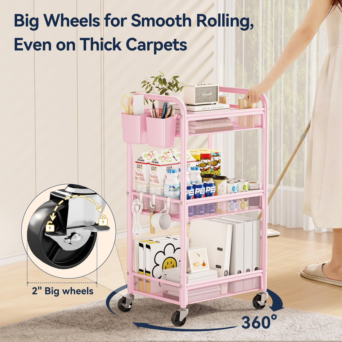 YASONIC 3 Tier Rolling Cart featuring hanging cups for quick access