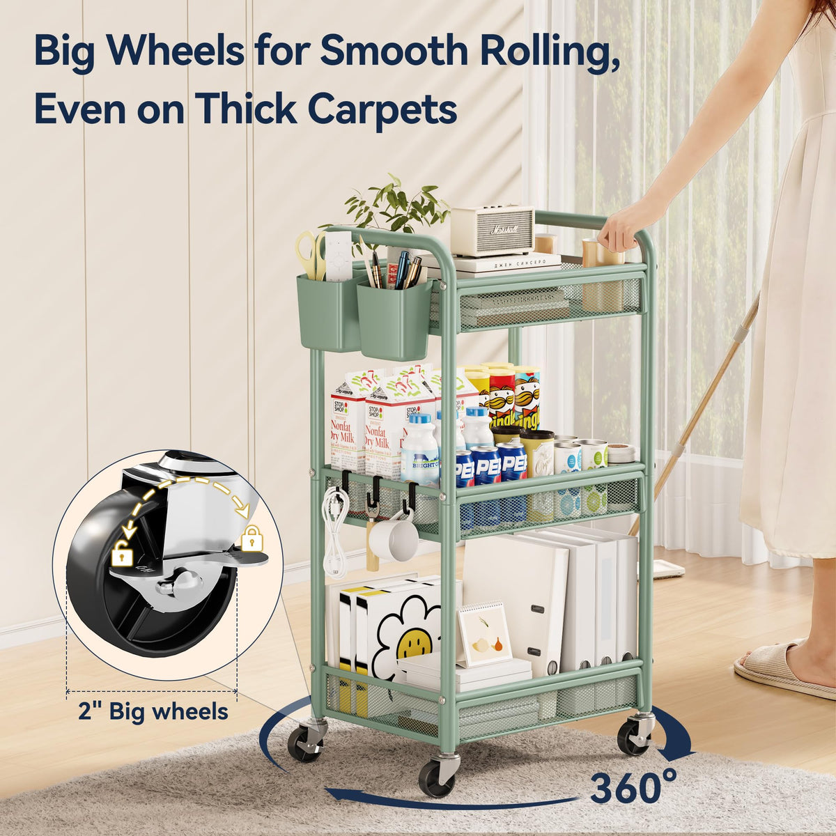 Two hanging cups add convenient cup storage within easy reach for tools or brushes.