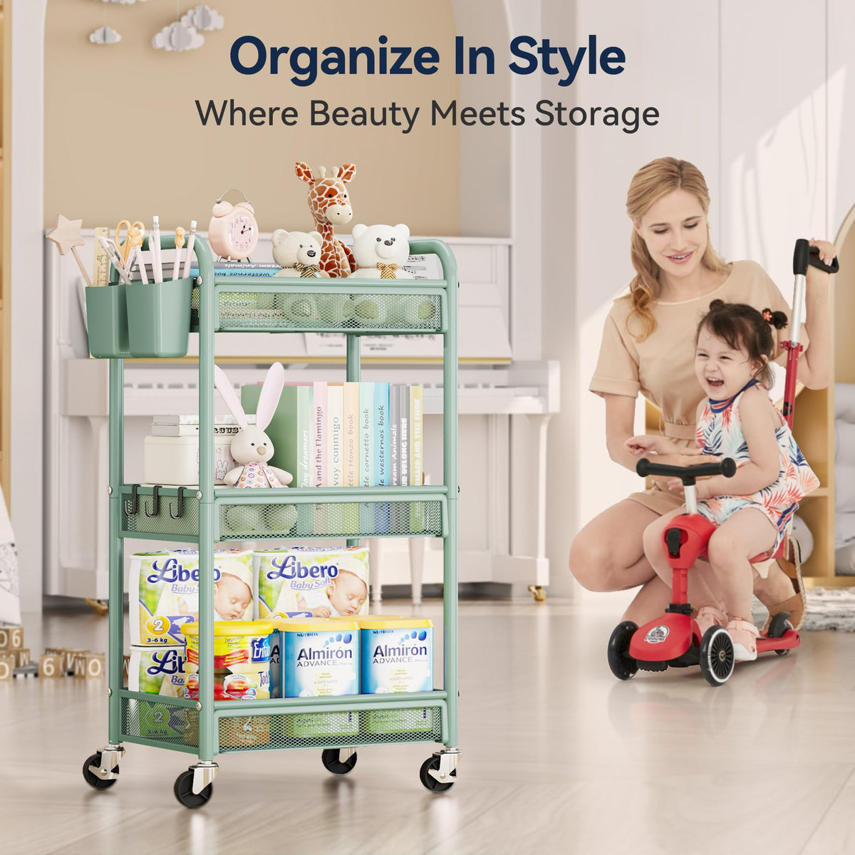 In-use setup in kitchen or studio demonstrates versatile mobility and organized workspace.