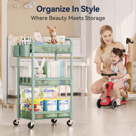 In-use setup in kitchen or studio demonstrates versatile mobility and organized workspace.