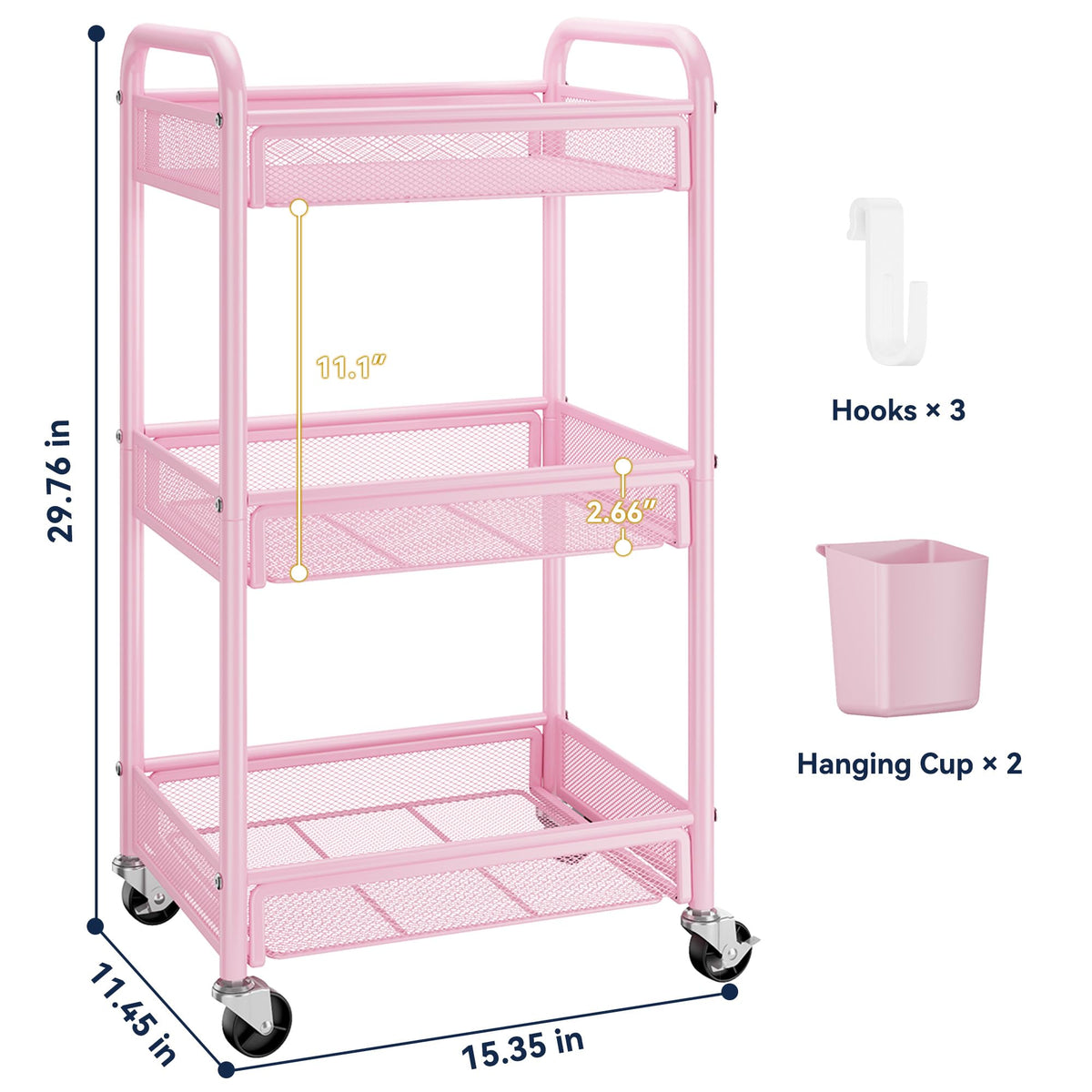 YASONIC 3 Tier Rolling Cart with mesh baskets for visibility and airflow