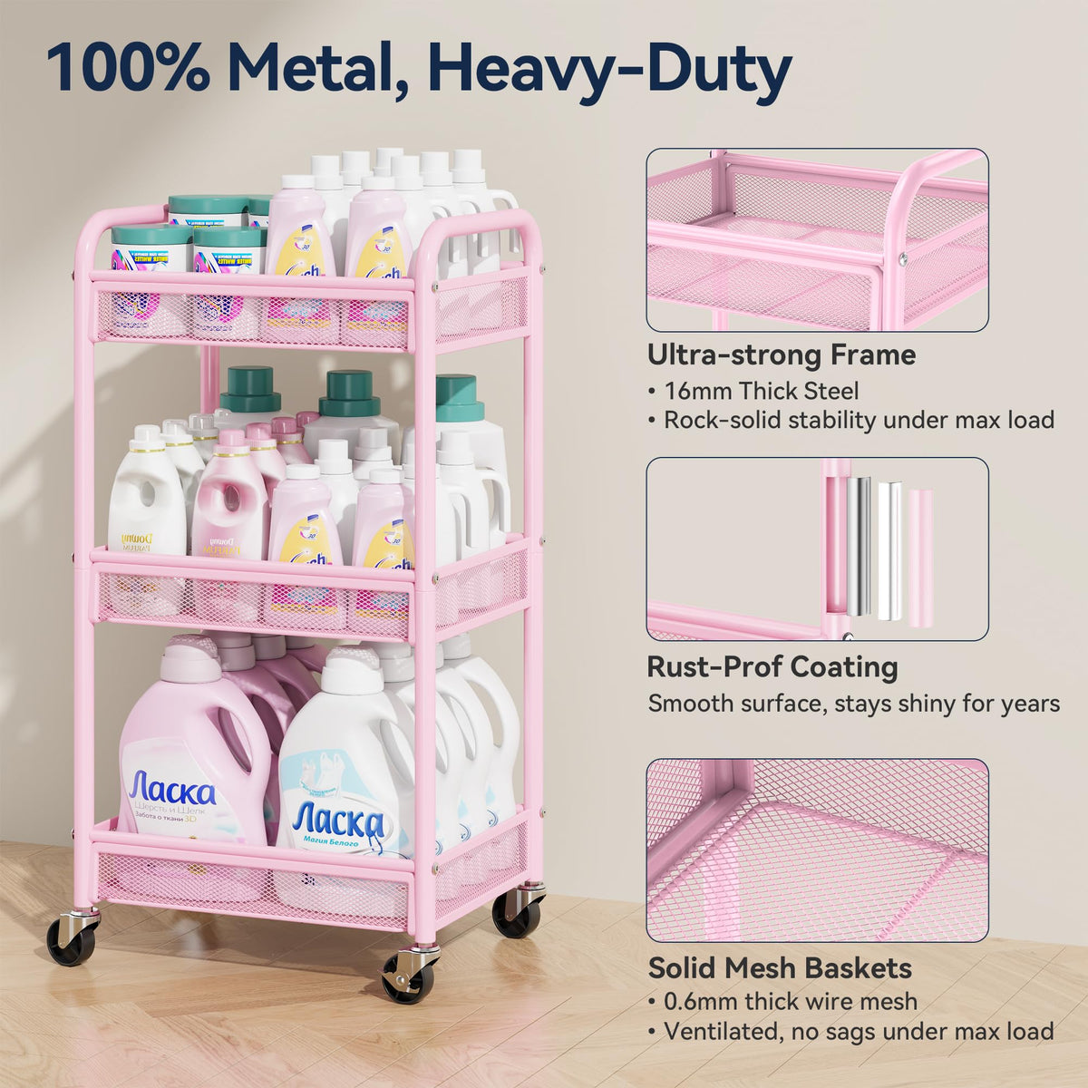 YASONIC 3 Tier Rolling Cart showing three metal baskets for organized space