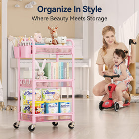 YASONIC 3 Tier Rolling Cart in pink finish adds color and style
