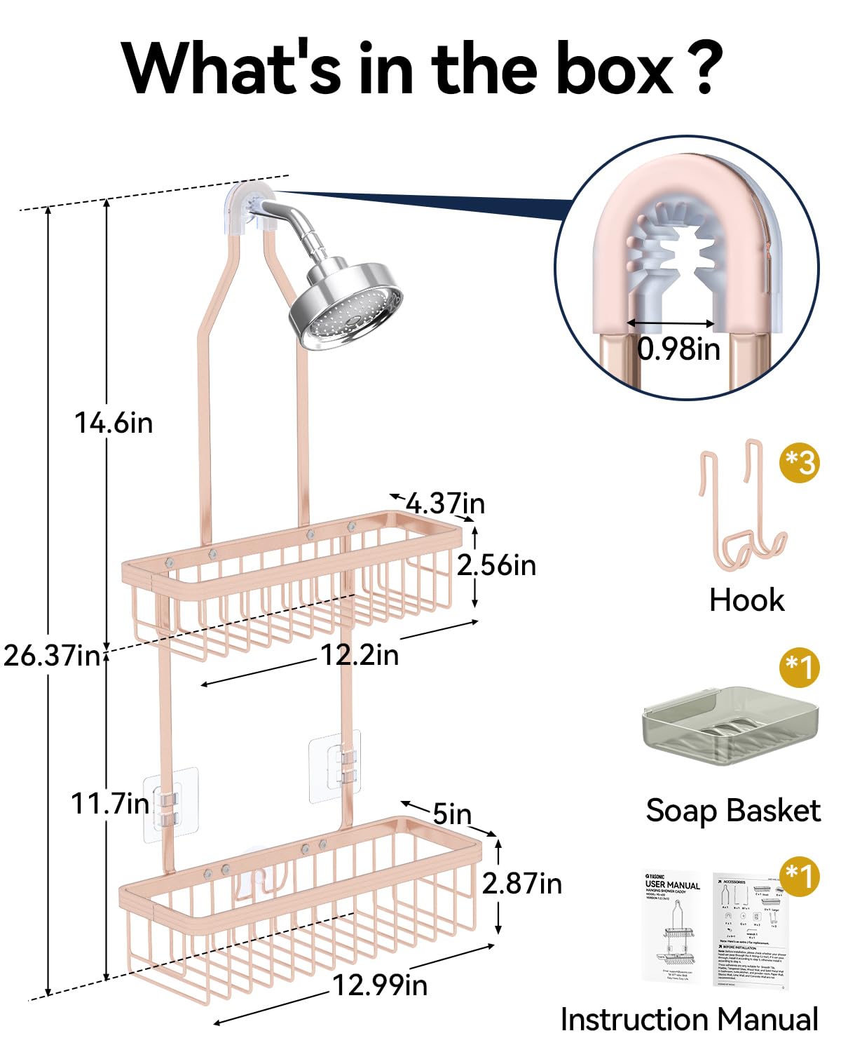 YASONIC aluminum shower rack with drainage design to keep contents dry.