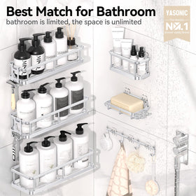 YASONIC bath organizer 6-piece set neatly stores bottles, soaps, and accessories.