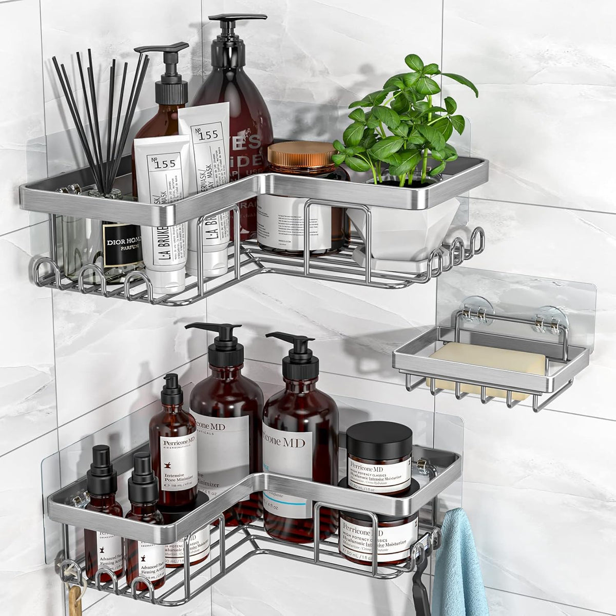 YASONIC corner adhesive shower caddy setup for optimized corner storage and accessible shelves.