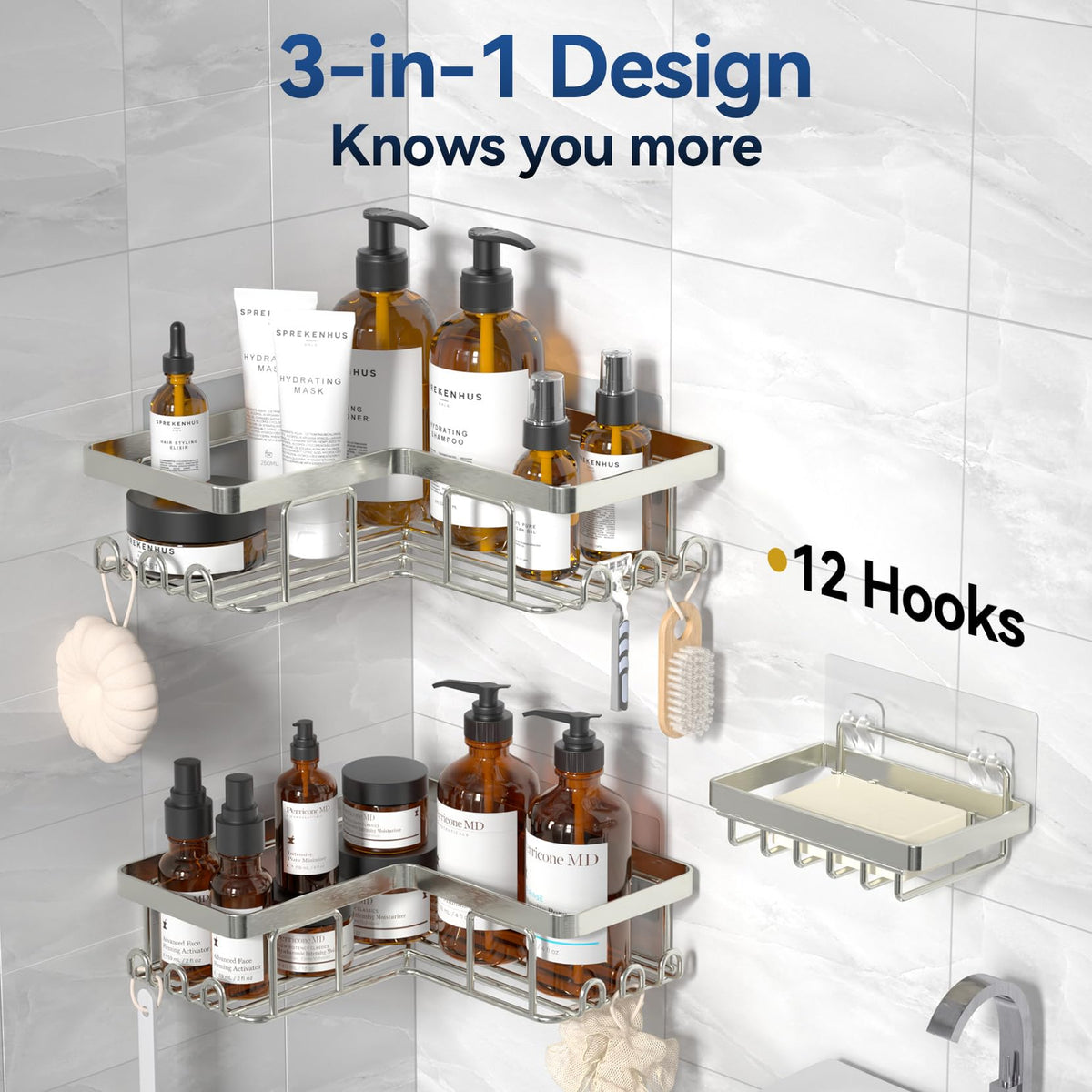 YASONIC corner shower caddy fits 90-degree corners for compact bathrooms