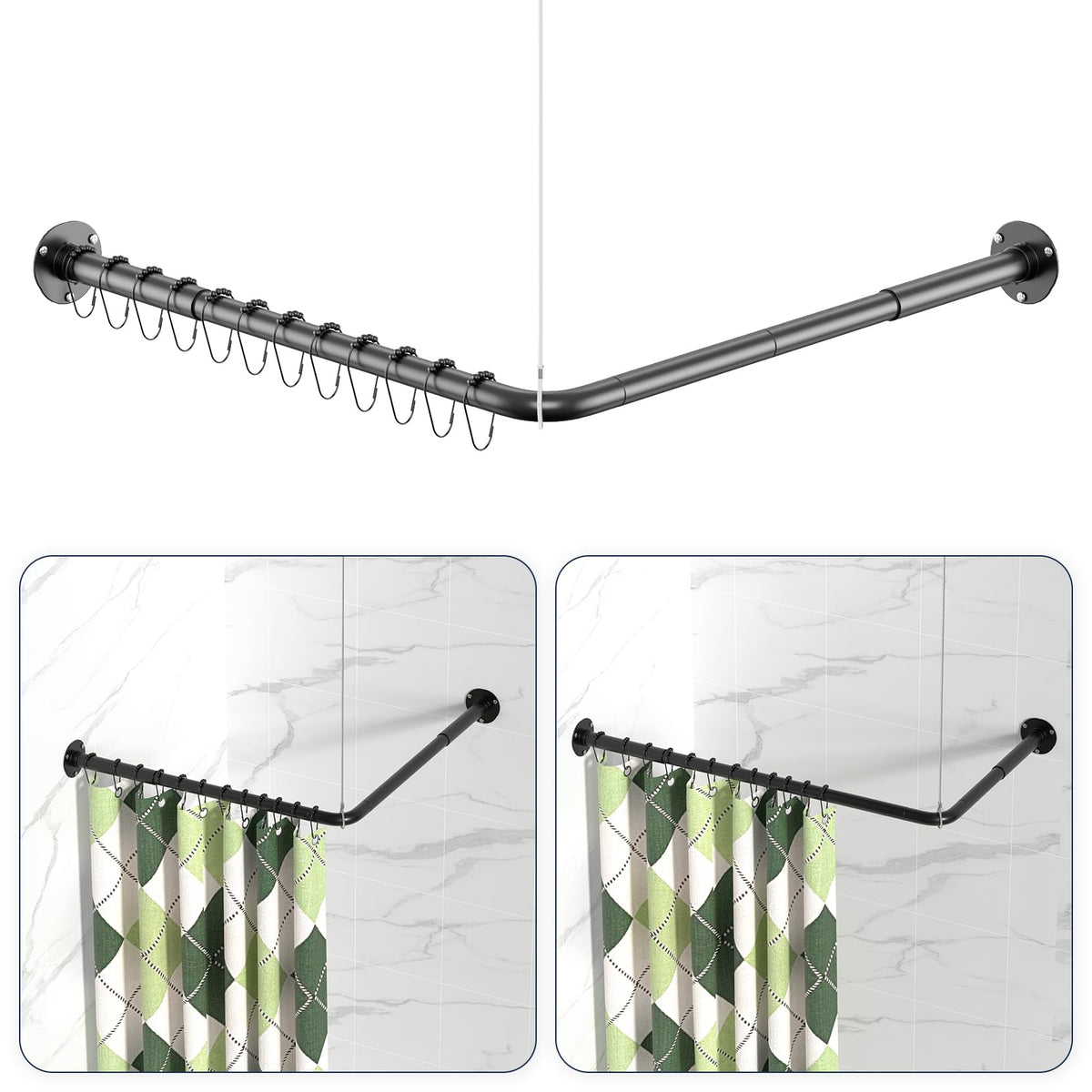 Yasonic L-shaped shower rod assembly close-up showing sturdy rust-resistant steel for durable installation.