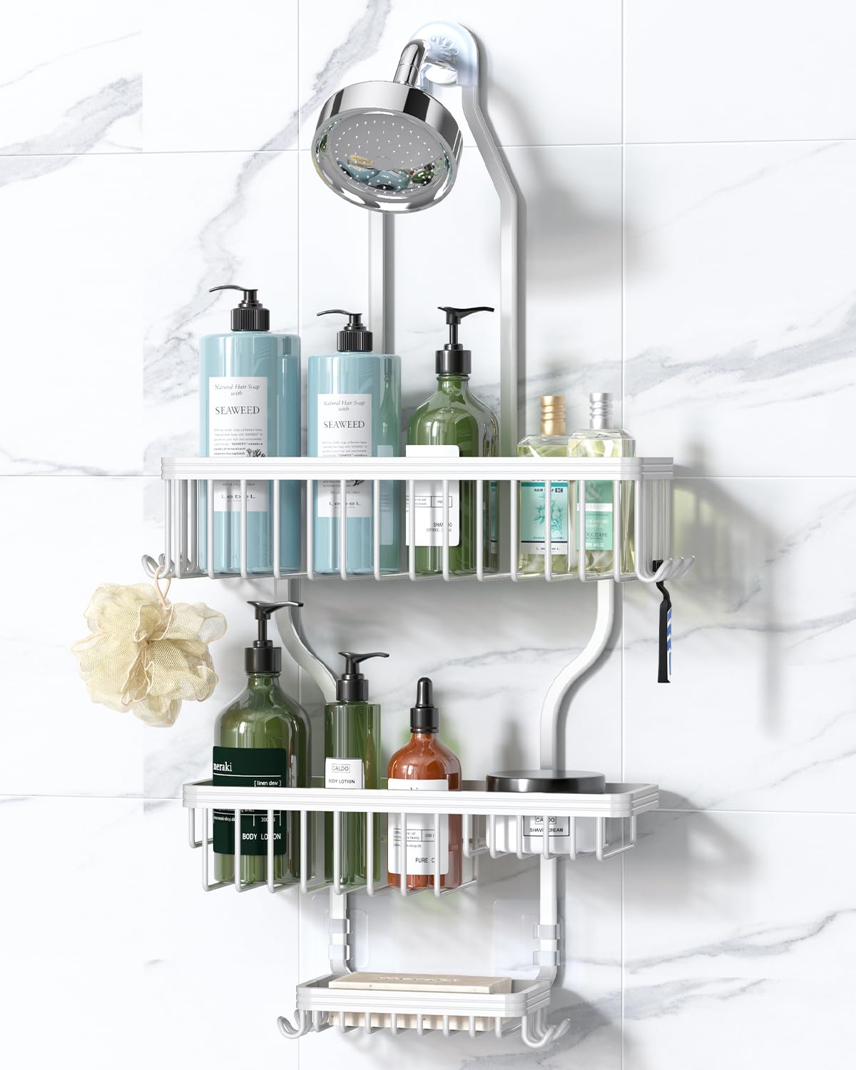 YASONIC over-showerhead aluminum caddy keeps shower items neatly stored and accessible.