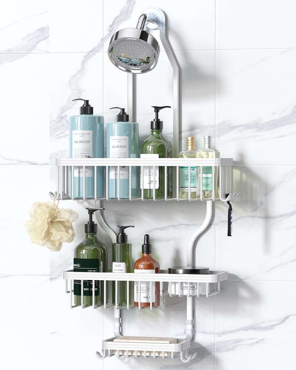 YASONIC over-showerhead aluminum caddy keeps shower items neatly stored and accessible.