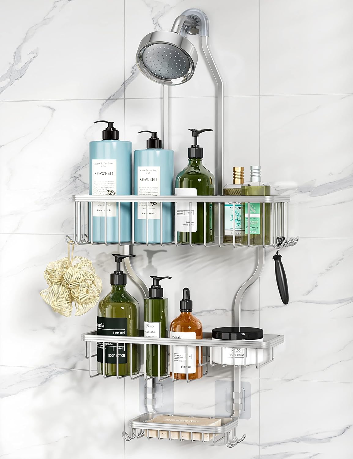 YASONIC Never-Rust aluminum hanging shower caddy over the showerhead, keeps toiletries within reach.