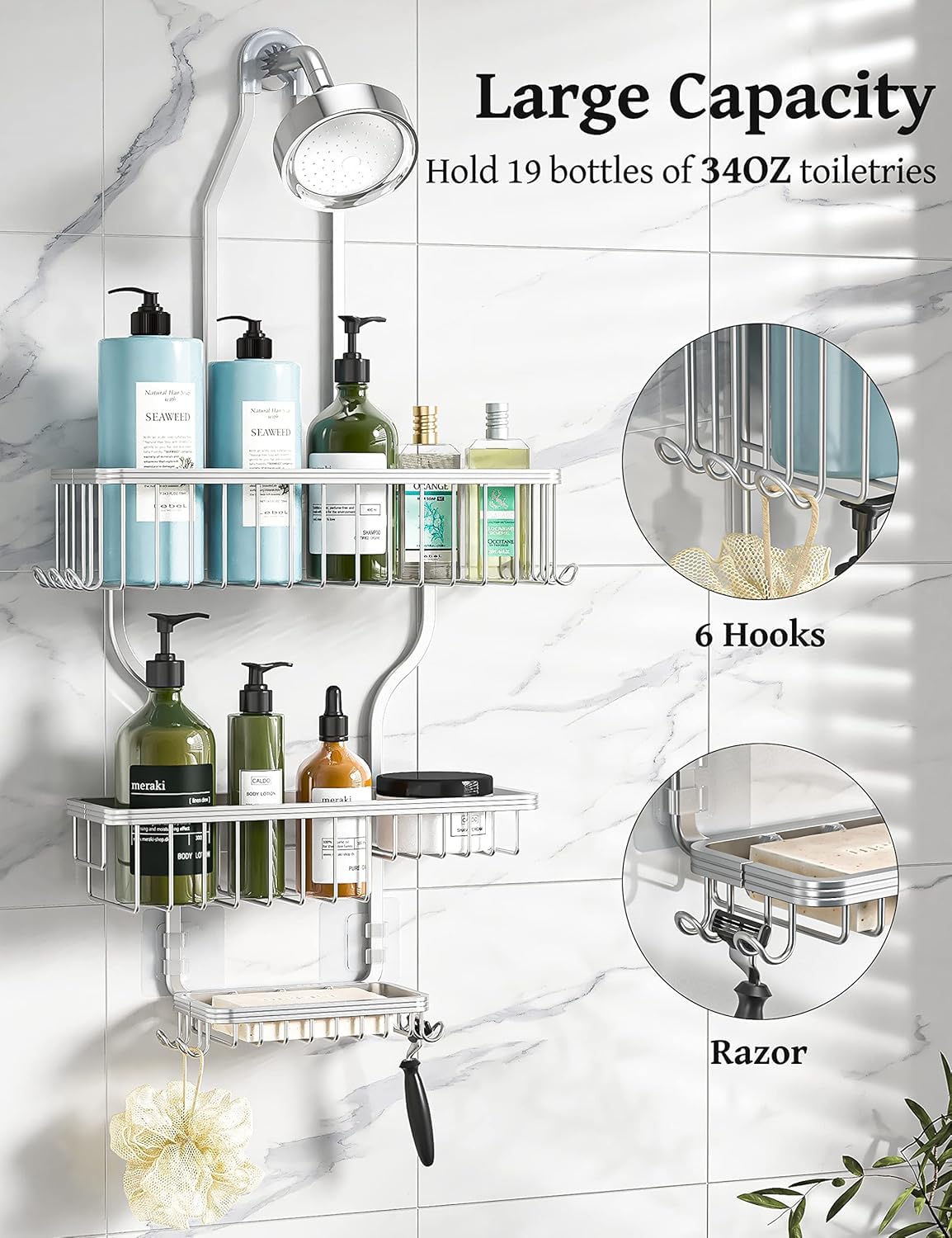 YASONIC hanging shower caddy top baskets organize gels and shampoos, reducing clutter.
