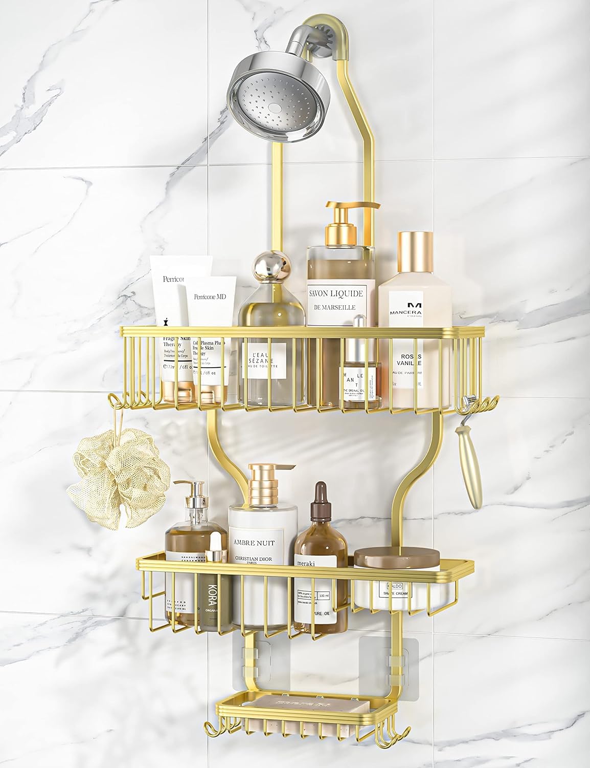 YASONIC Never-Rust Aluminum over-the-showerhead caddy installed for clutter-free showers.