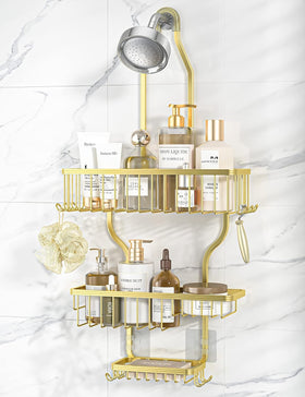 YASONIC Never-Rust Aluminum over-the-showerhead caddy installed for clutter-free showers.