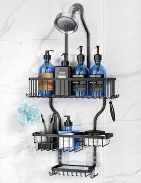 YASONIC Never-Rust aluminum over-the-showerhead caddy showcases sleek, durable design for busy bathrooms.
